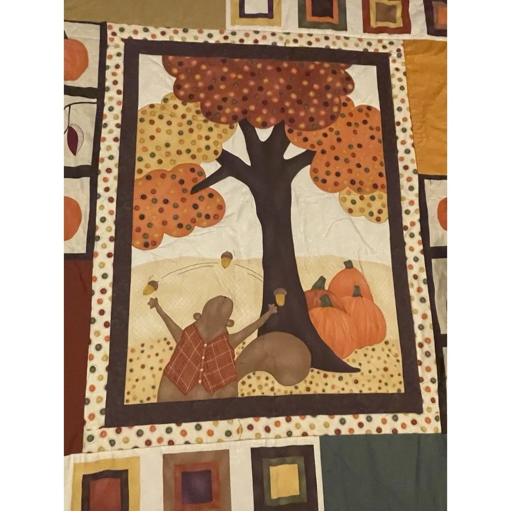 Autumn Quilt Blanket Quilted Wall Hanging Fall Tree Pumpkin Squirrel 52